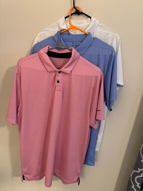 3 Nike Men’s Polos - Pink Polo with Light Blue and White Layers